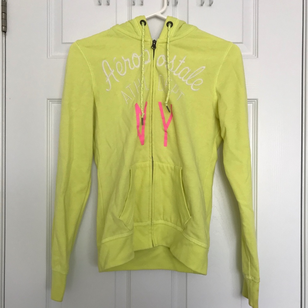Y2K Aeropostale Zip Up Hoodie Sweater S Highlighter Neon Yellow Pink